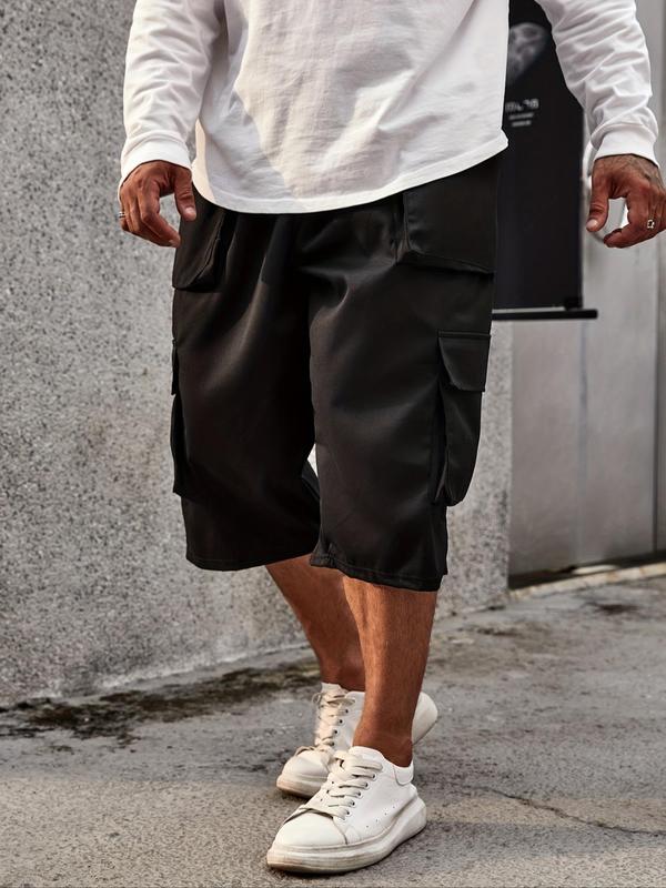 Men's Plus Size Solid Drawstring Waist Cargo Pants, Casual Streetwear Pocket Shorts, Summer Shorts for Daily Wear, Fashion Men's Bottoms for All Seasons