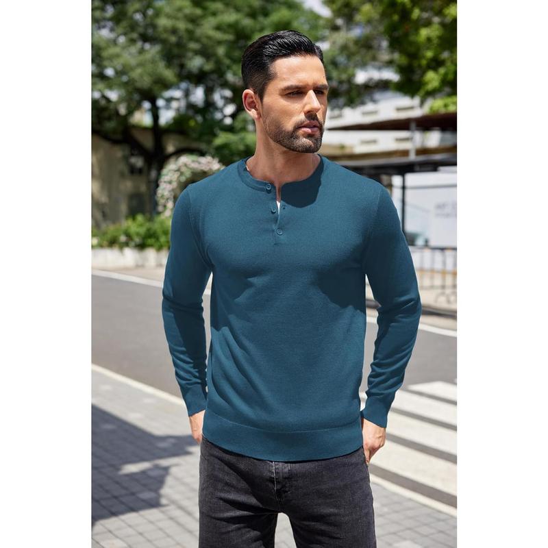 Men's Knit Henley Shirts Dress Long Sleeve Sweater Casual Collarless Quarter Button Pullover