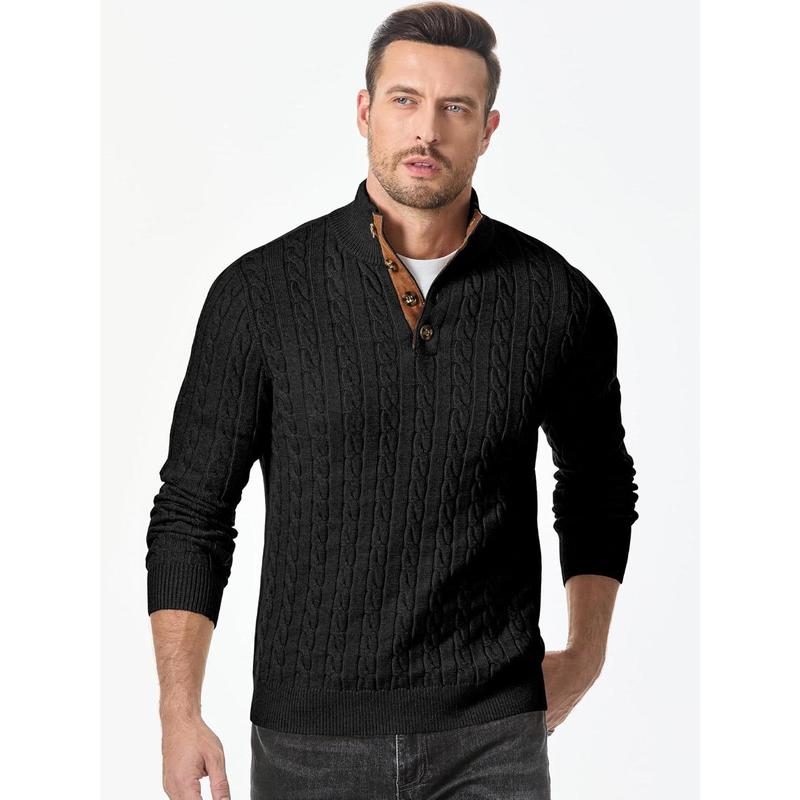 Jmierr Men's Twisted Knitted Pullover Sweater Casual Long Sleeve Stand Collar Button Knitted Sweater