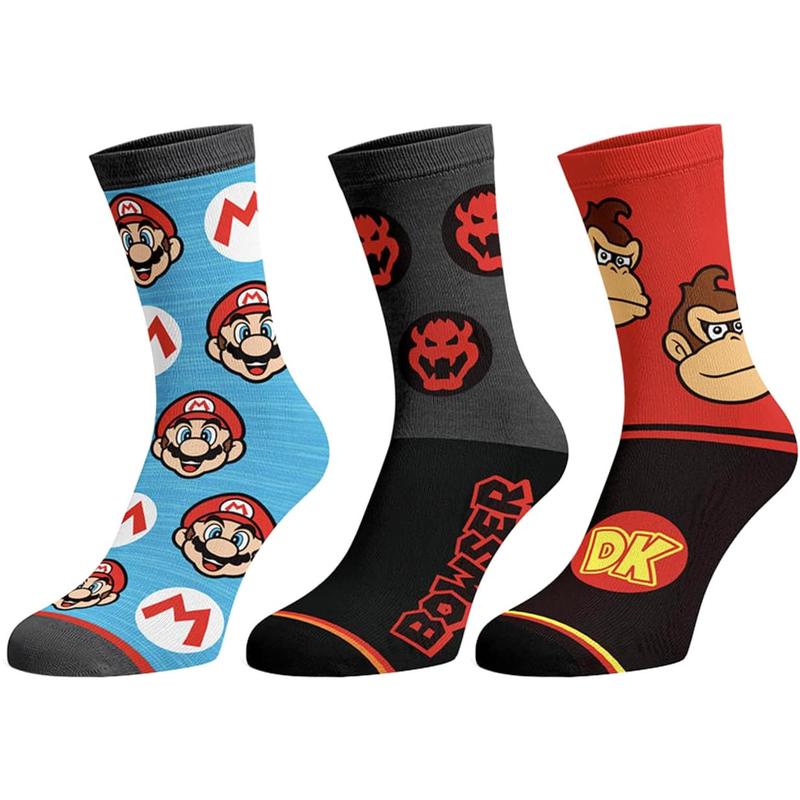 Nintendo Super Mario Men's Bowser Donkey Kong Mario 3-Pack Mid-Calf Adult Crew Socks