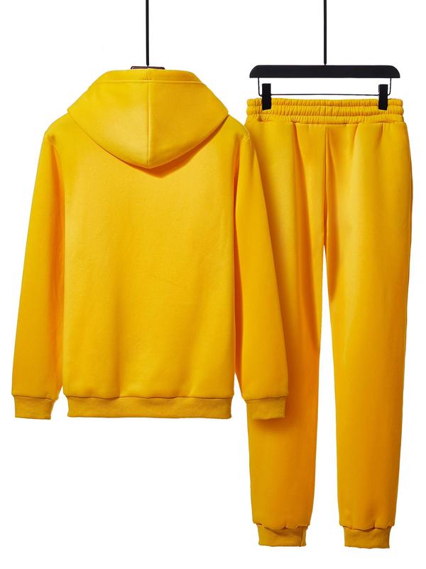 Men's Letter Print Kangaroo Pocket Hoodie & Drawstring Waist Sweatpants Set, Regular Fit Casual Long Sleeve Hooded Sweatshirt & Pocket Jogger Pants, Men's Fall & Winter Clothes, Men's Sweatsuit Set, Going Out Outfits