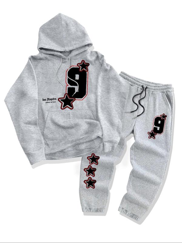 Men's Letter & Number Print Hoodie & Drawstring Waist Sweatpants Two-piece Set, Casual Loose Long Sleeve Hooded Top & Jogger Pants for Fall & Winter, Men's Two-piece for Daily Wear