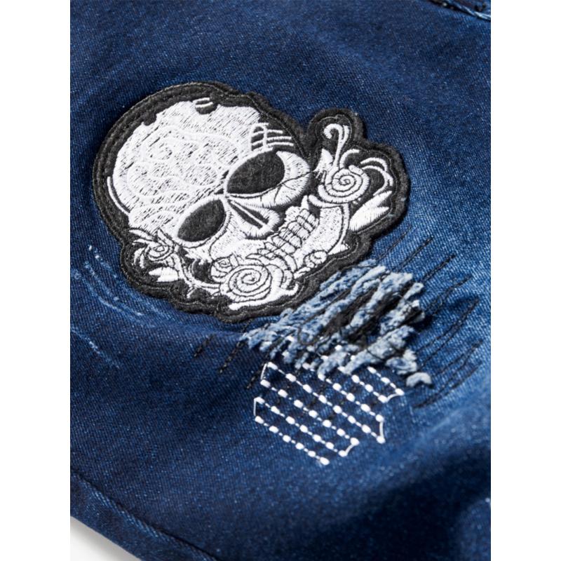 Stretch Denim Men's Casual Jeans, Street Style Skull Embroidery Pants Menswear Spandex