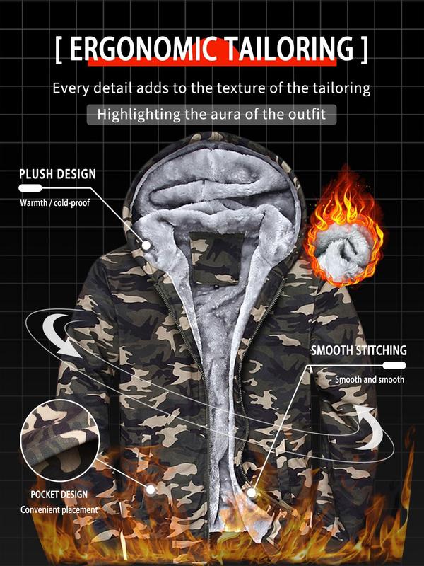 Men's Camo Print Pocket Zip Up Hooded Jacket, Regular Fit Casual Long Sleeve Thermal Lined Outerwear for Fall & Winter, Winter Clothing Men, Men's Clothes for Daily Wear