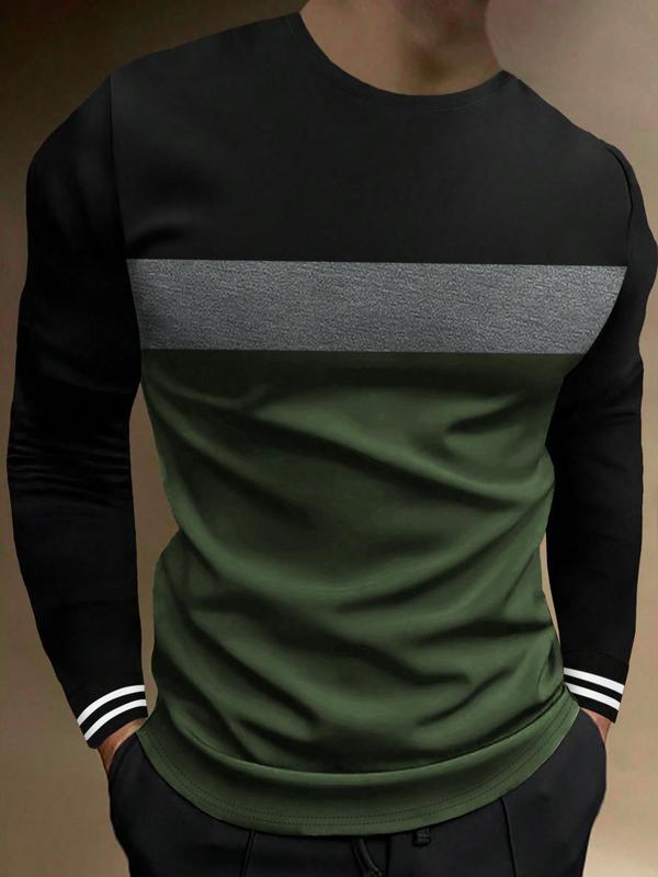 Men's Colorblock Striped Print Round Neck Tee, Casual Long Sleeve Crew Neck T-Shirt for Spring & Fall, Fashion Men's Regular Fit Streetwear Top for Daily Wear