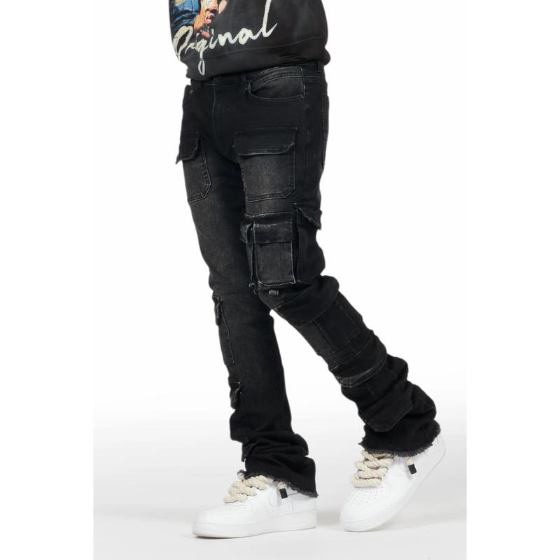 Valery Black Stacked Flared Cargo Jean