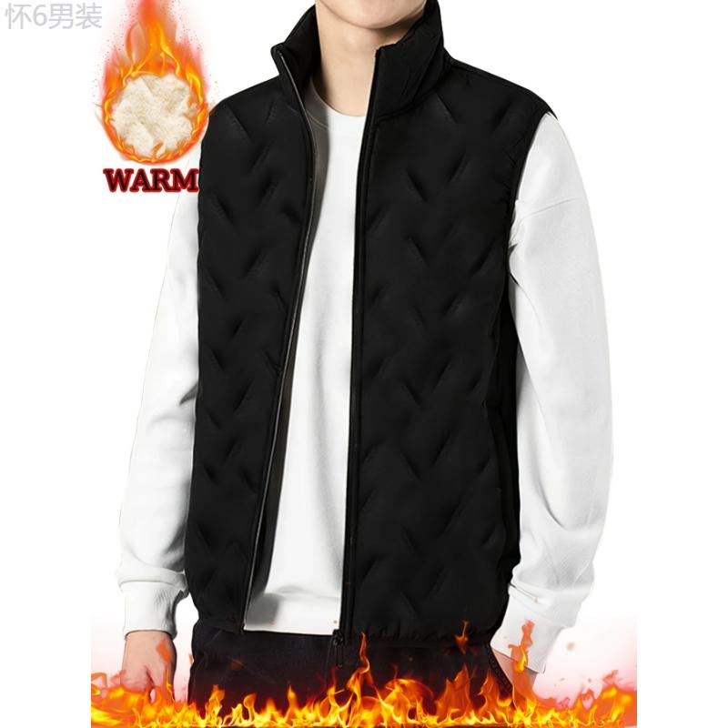 Men's Casual Fleece-Lined Vest with Zipper Pockets - Stand Collar, Polyester, Perfect for Fall Winter Outings Menswear Tops