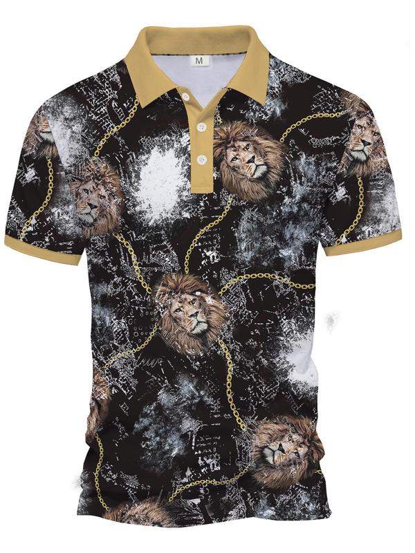 Men's Lion Print Short Sleeve Polo Shirt, Regular Fit Casual Fashion Collared Top for Summer, Men's Clothes for Daily Wear