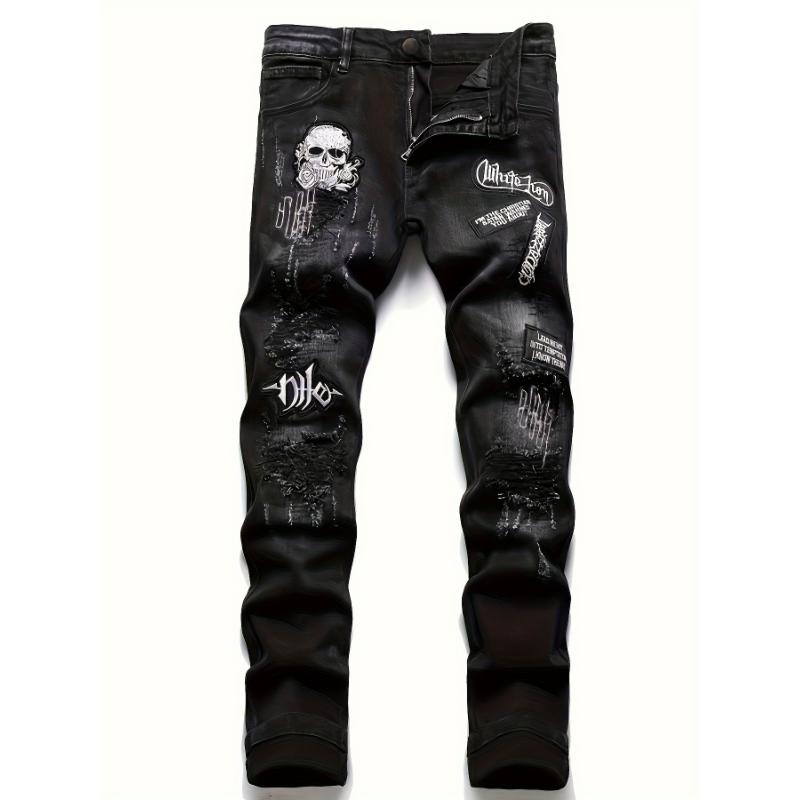 Stretch Denim Men's Casual Jeans, Street Style Skull Embroidery Pants Menswear Spandex