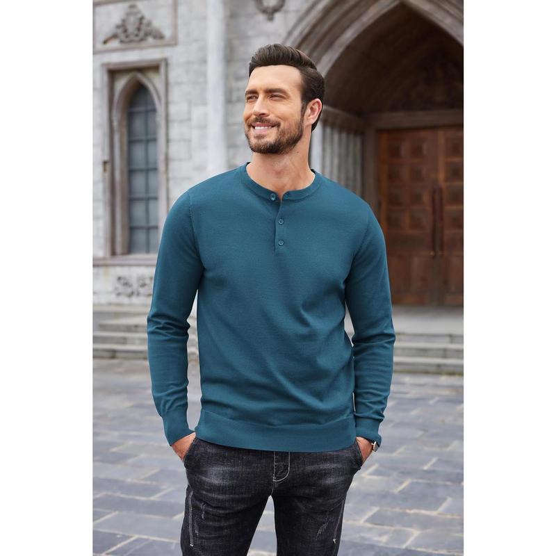 Men's Knit Henley Shirts Dress Long Sleeve Sweater Casual Collarless Quarter Button Pullover