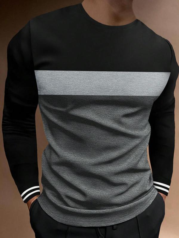 Men's Colorblock Striped Print Round Neck Tee, Casual Long Sleeve Crew Neck T-Shirt for Spring & Fall, Fashion Men's Regular Fit Streetwear Top for Daily Wear