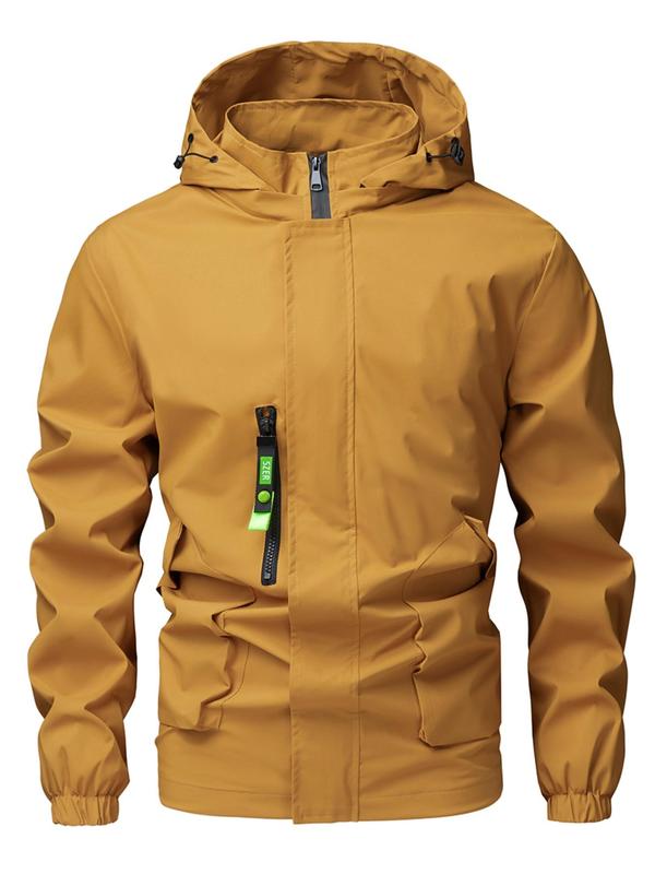 Men's Solid Color Pocket Zip Up Hooded Jacket, Regular Fit Casual Long Sleeve Waterproof Windproof Jacket for Fall & Winter, Men's Outerwear for Daily Wear