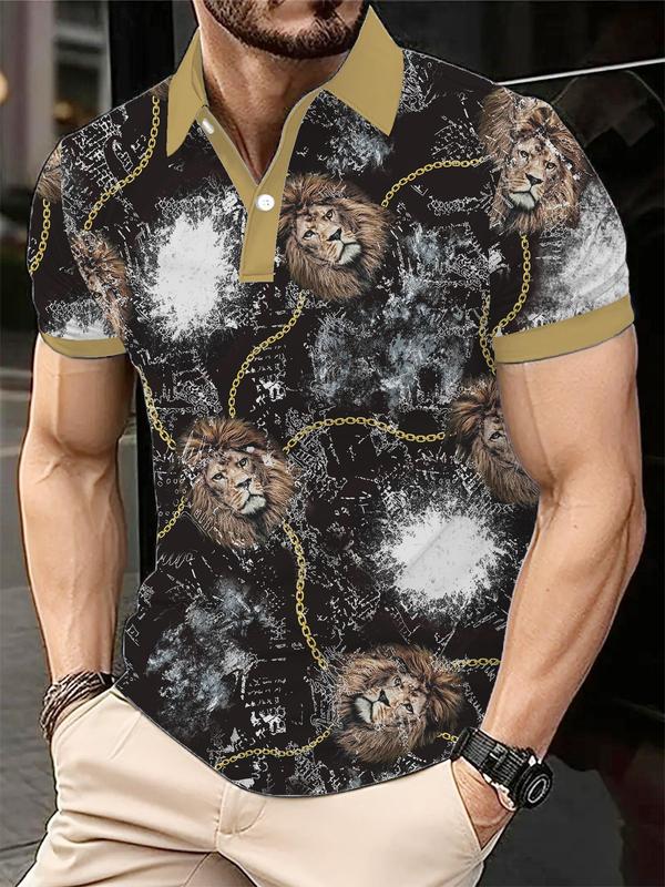 Men's Lion Print Short Sleeve Polo Shirt, Regular Fit Casual Fashion Collared Top for Summer, Men's Clothes for Daily Wear