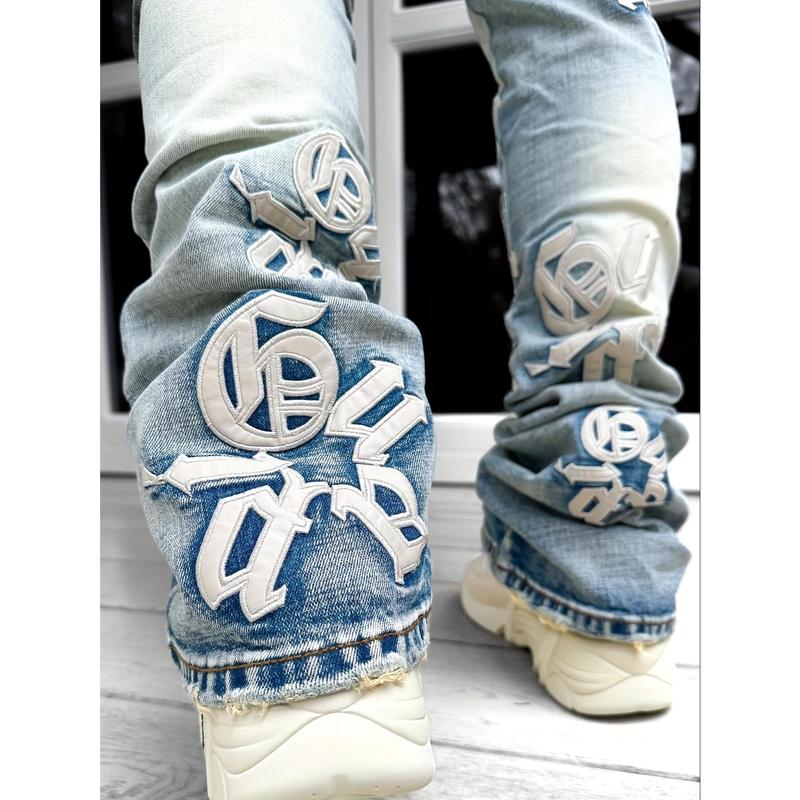 Men's Casual Letter Splicing Skinny Jeans, Vintage Style Ripped Jeans