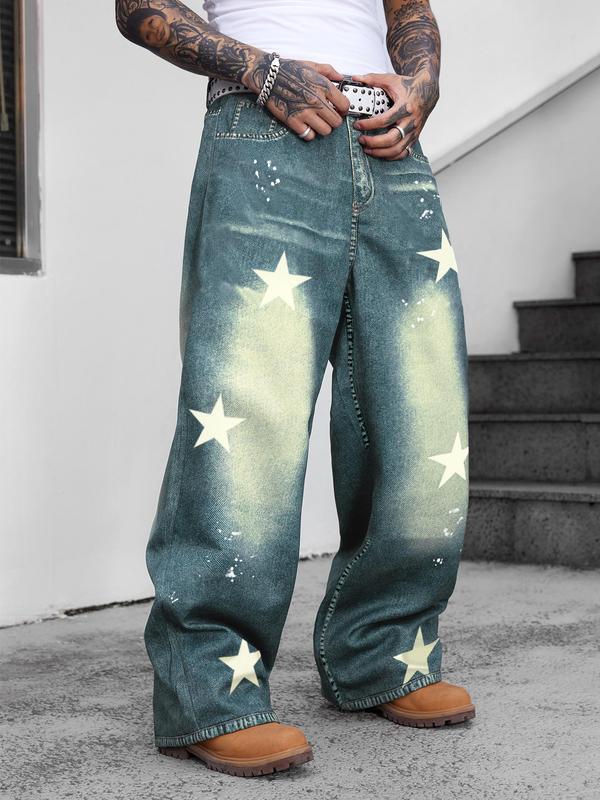 Men's Star & Denim-effect Print Pocket Elastic Waist  Pants, Loose Street Fashion Wide Leg Trousers for Daily Wear, Menswear, Men's Bottoms for All Seasons