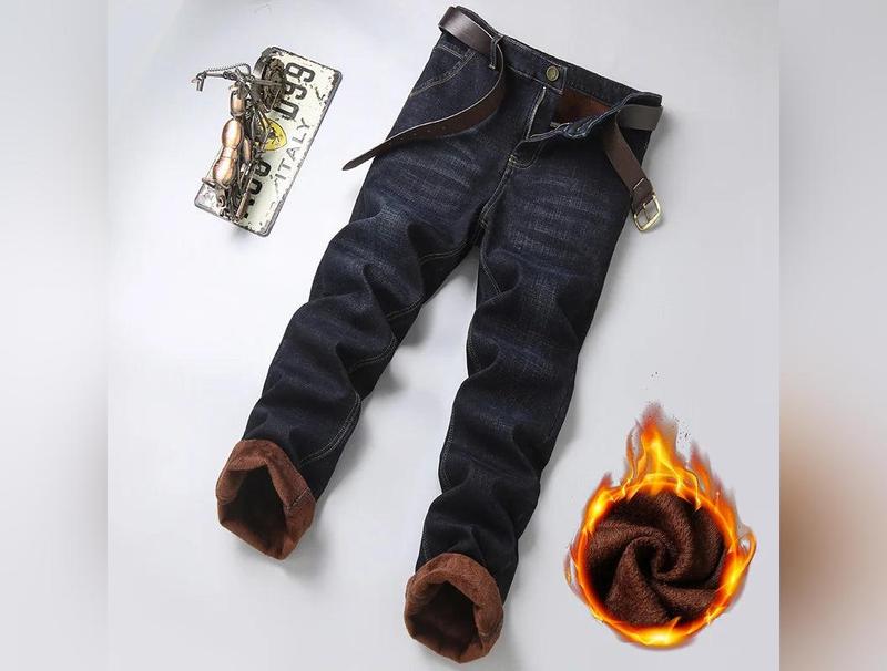 Classic Style Winter Men's Warm Thermal Business Jeans Casual Stretch Cotton Thick Fleece Blue Denim Pants Male Brand Trousers