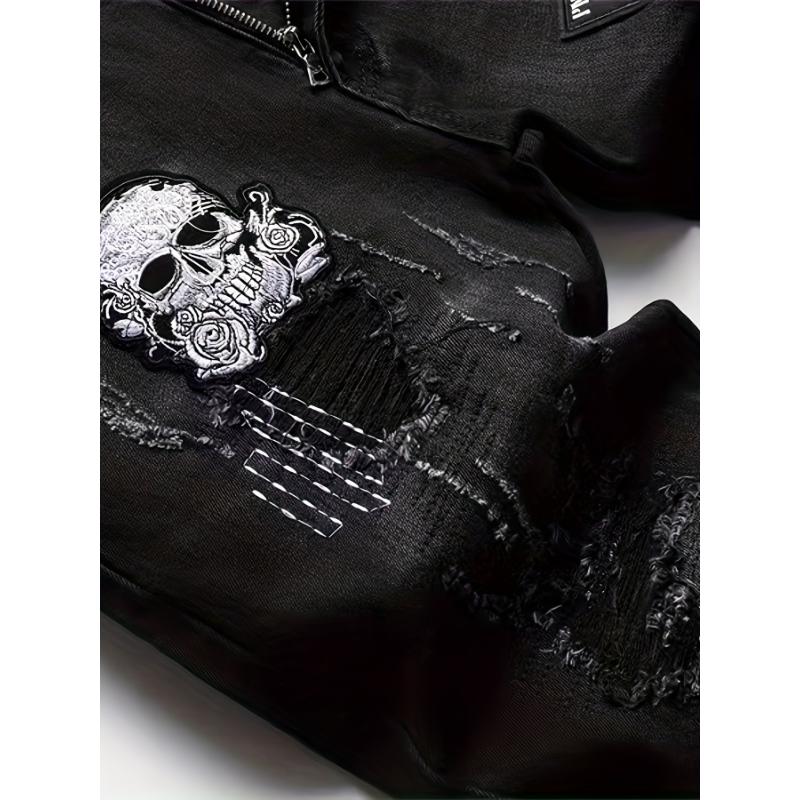 Stretch Denim Men's Casual Jeans, Street Style Skull Embroidery Pants Menswear Spandex