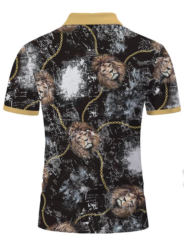 Men's Lion Print Short Sleeve Polo Shirt, Regular Fit Casual Fashion Collared Top for Summer, Men's Clothes for Daily Wear