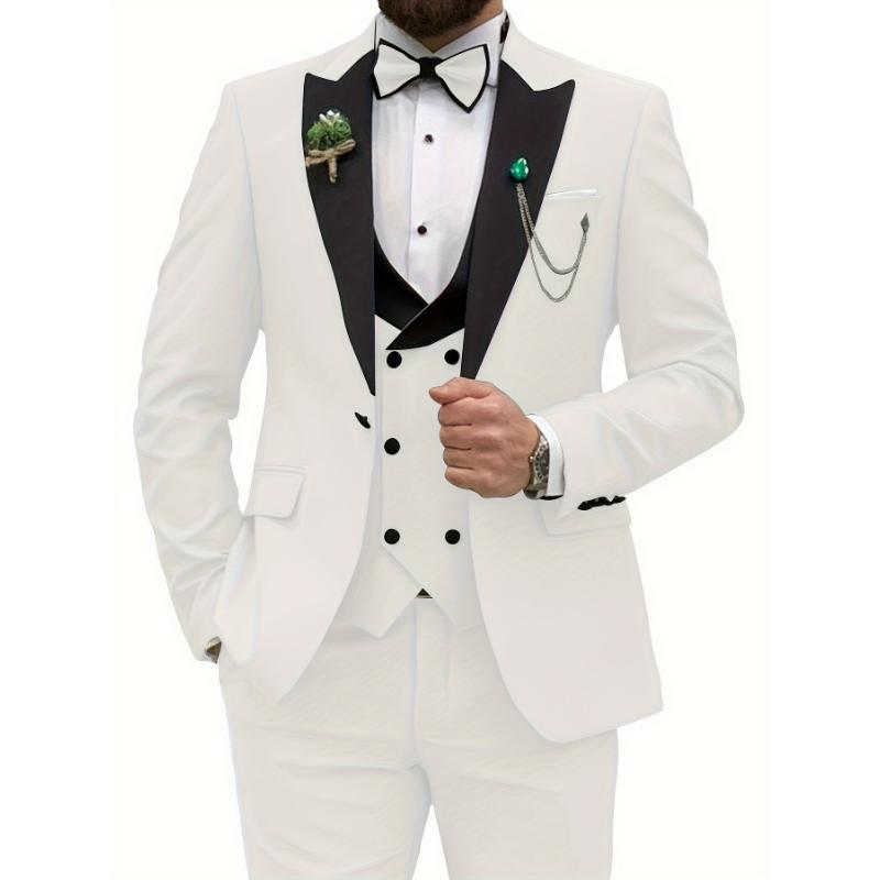 3pcs Men's Suits Set, Slim Fit Double Breasted Suit Vest + Long Sleeve Classic Lapel Suit Jacket + Suit Pant, Male Clothing For Wedding Banquet, Party, Business Occasions