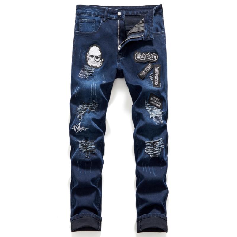 Stretch Denim Men's Casual Jeans, Street Style Skull Embroidery Pants Menswear Spandex