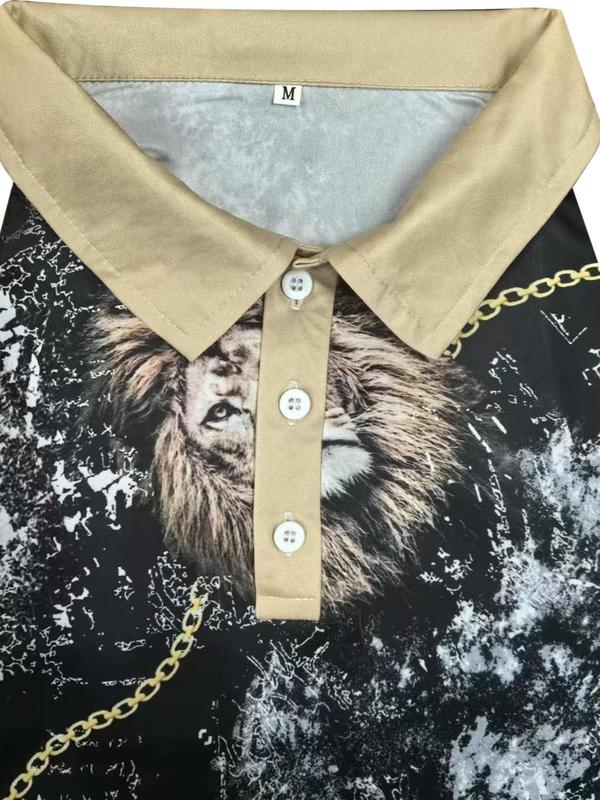 Men's Lion Print Short Sleeve Polo Shirt, Regular Fit Casual Fashion Collared Top for Summer, Men's Clothes for Daily Wear