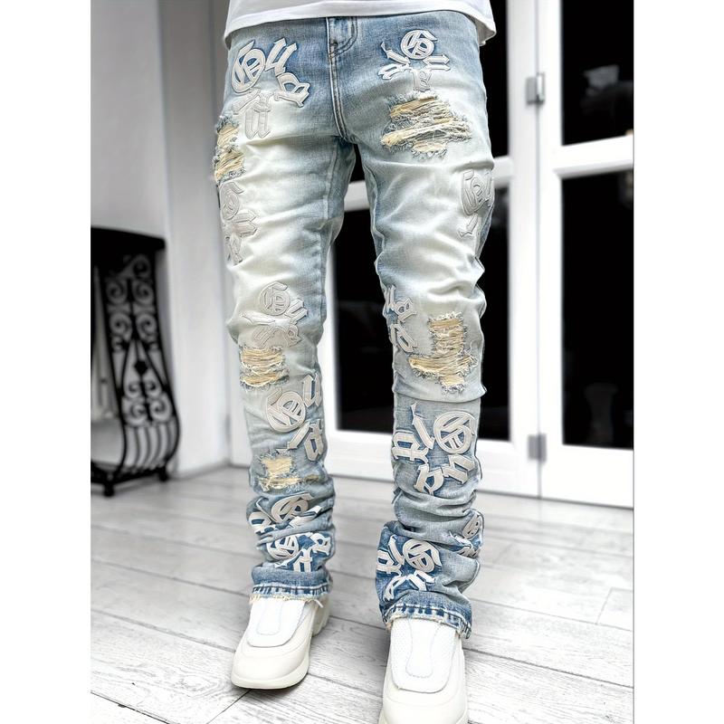 Men's Casual Letter Splicing Skinny Jeans, Vintage Style Ripped Jeans