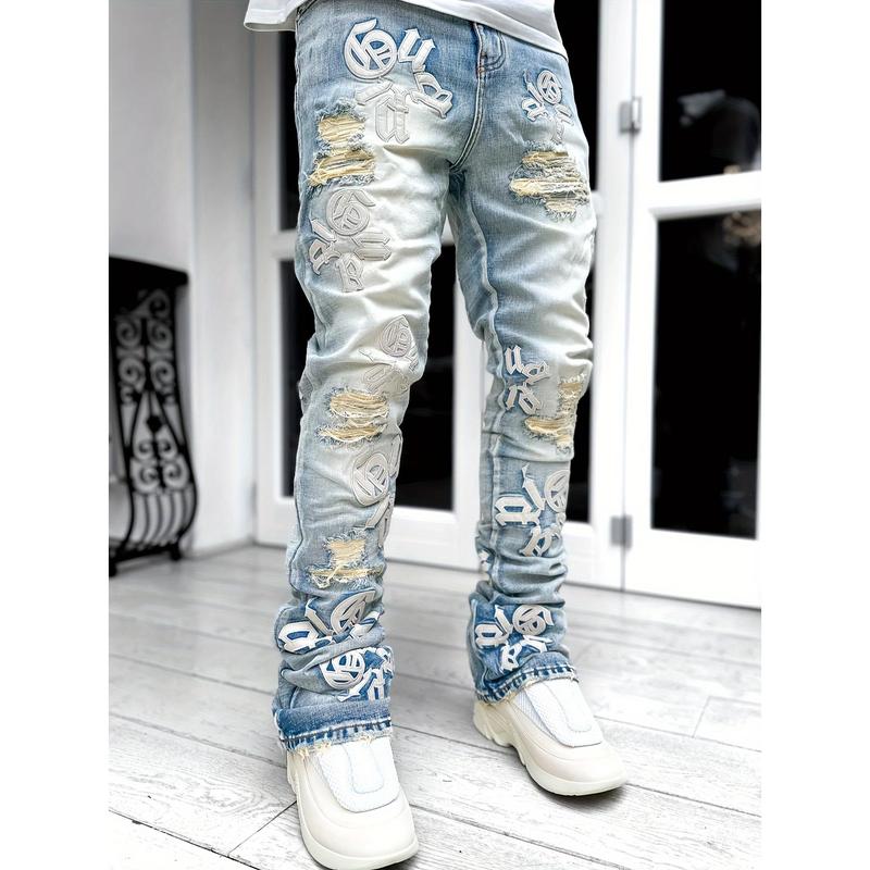 Men's Casual Letter Splicing Skinny Jeans, Vintage Style Ripped Jeans