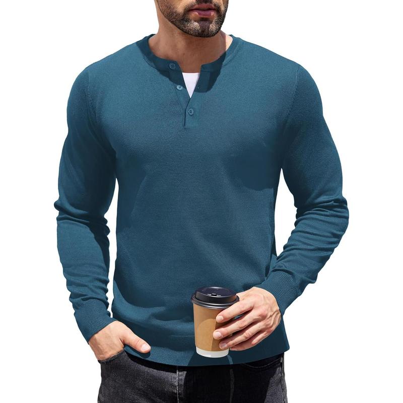 Men's Knit Henley Shirts Dress Long Sleeve Sweater Casual Collarless Quarter Button Pullover