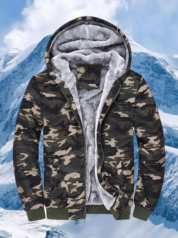 Men's Camo Print Pocket Zip Up Hooded Jacket, Regular Fit Casual Long Sleeve Thermal Lined Outerwear for Fall & Winter, Winter Clothing Men, Men's Clothes for Daily Wear