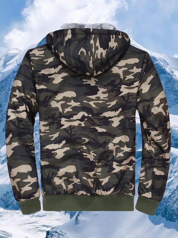 Men's Camo Print Pocket Zip Up Hooded Jacket, Regular Fit Casual Long Sleeve Thermal Lined Outerwear for Fall & Winter, Winter Clothing Men, Men's Clothes for Daily Wear