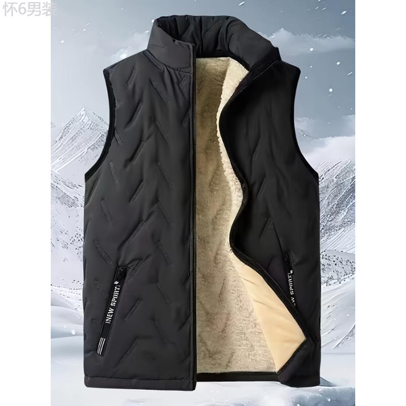 Men's Casual Fleece-Lined Vest with Zipper Pockets - Stand Collar, Polyester, Perfect for Fall Winter Outings Menswear Tops