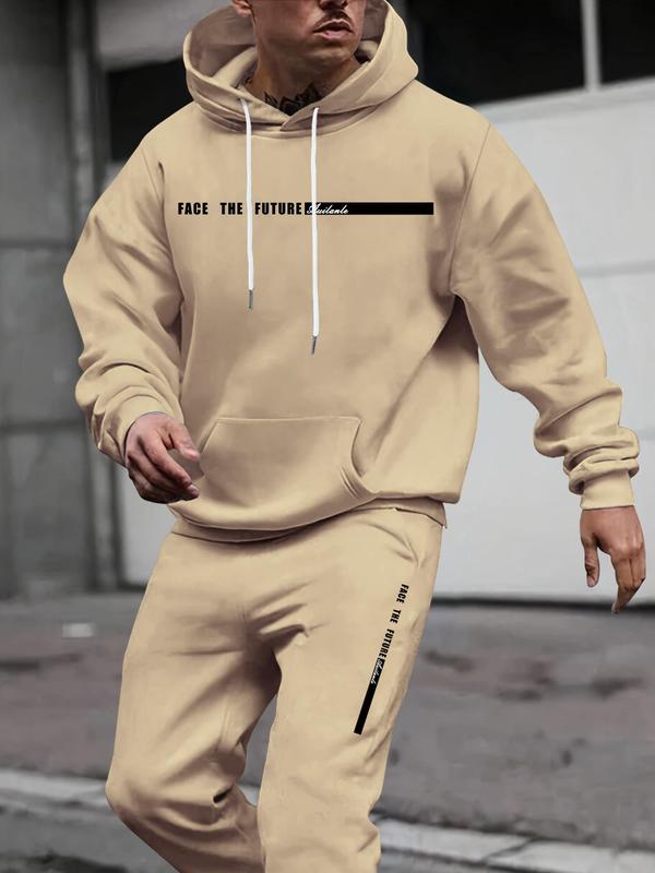 Men's Letter Print Kangaroo Pocket Hoodie & Drawstring Waist Sweatpants Set, Regular Fit Casual Long Sleeve Hooded Sweatshirt & Pocket Jogger Pants, Men's Fall & Winter Clothes, Men's Sweatsuit Set, Going Out Outfits