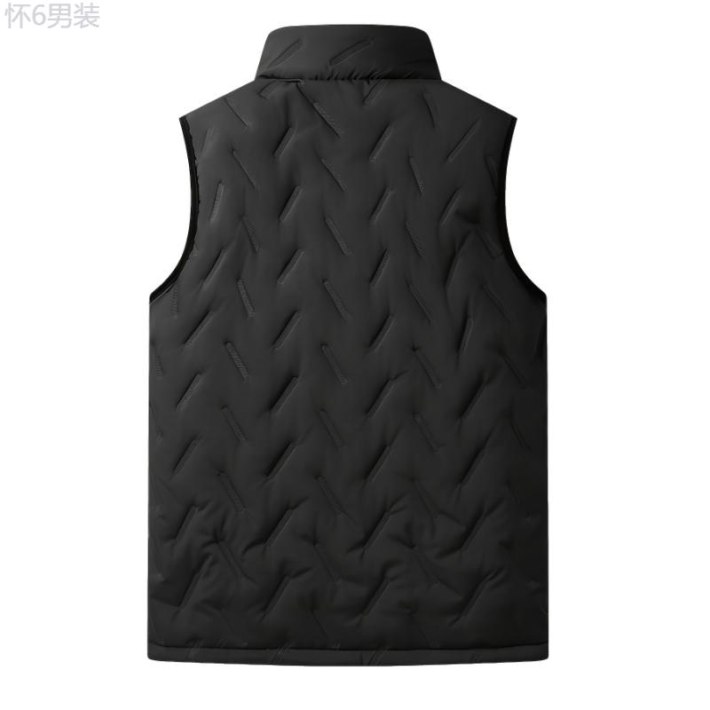 Men's Casual Fleece-Lined Vest with Zipper Pockets - Stand Collar, Polyester, Perfect for Fall Winter Outings Menswear Tops