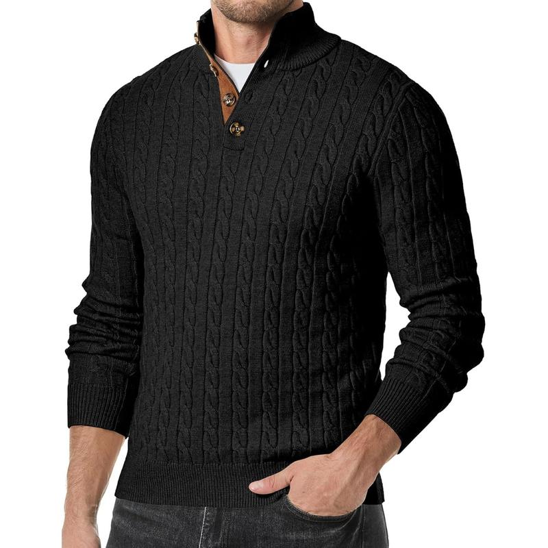 Jmierr Men's Twisted Knitted Pullover Sweater Casual Long Sleeve Stand Collar Button Knitted Sweater