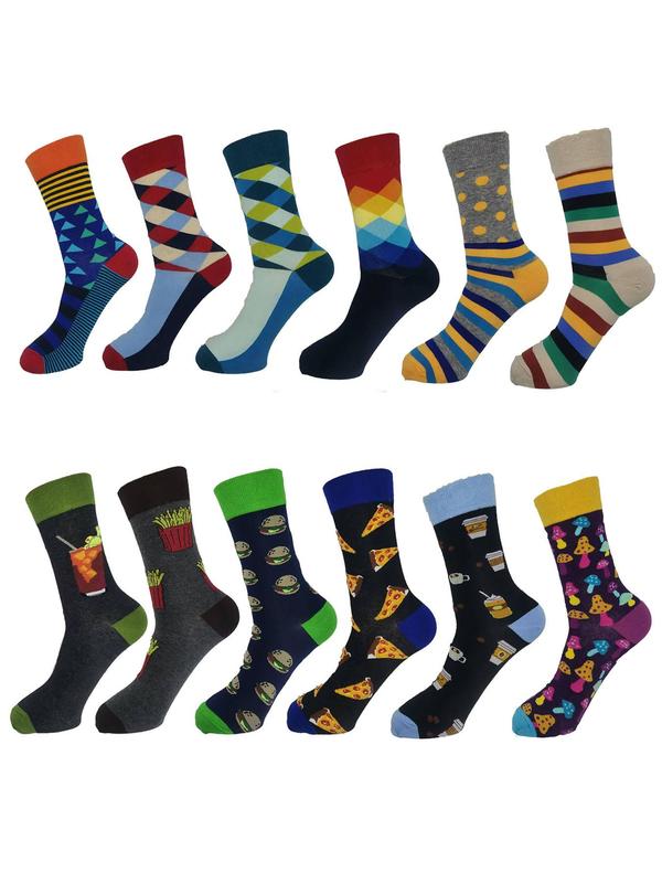 Men's Colorful Cartoon & Striped Print Crew Socks, Casual Comfortable Breathable Mid-calf Socks for Daily Wear, Men's Socks for All Seasons