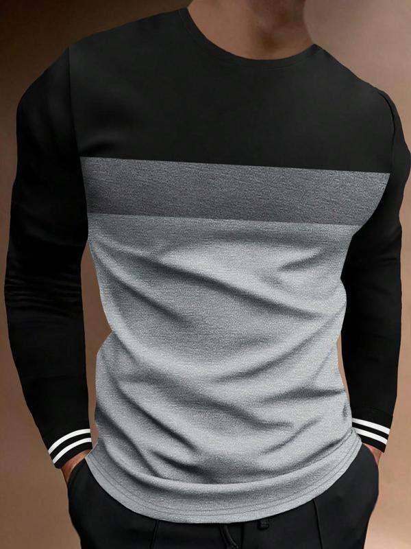 Men's Colorblock Striped Print Round Neck Tee, Casual Long Sleeve Crew Neck T-Shirt for Spring & Fall, Fashion Men's Regular Fit Streetwear Top for Daily Wear