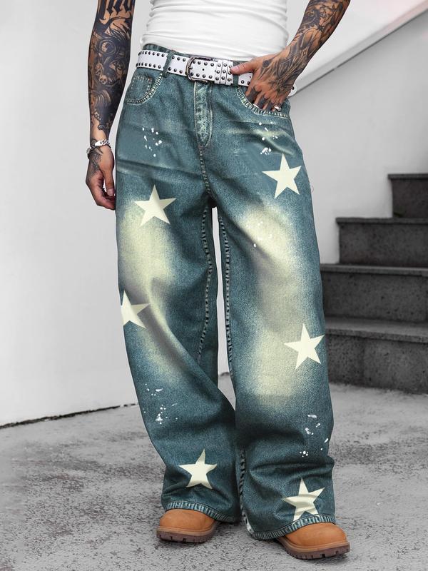 Men's Star & Denim-effect Print Pocket Elastic Waist  Pants, Loose Street Fashion Wide Leg Trousers for Daily Wear, Menswear, Men's Bottoms for All Seasons