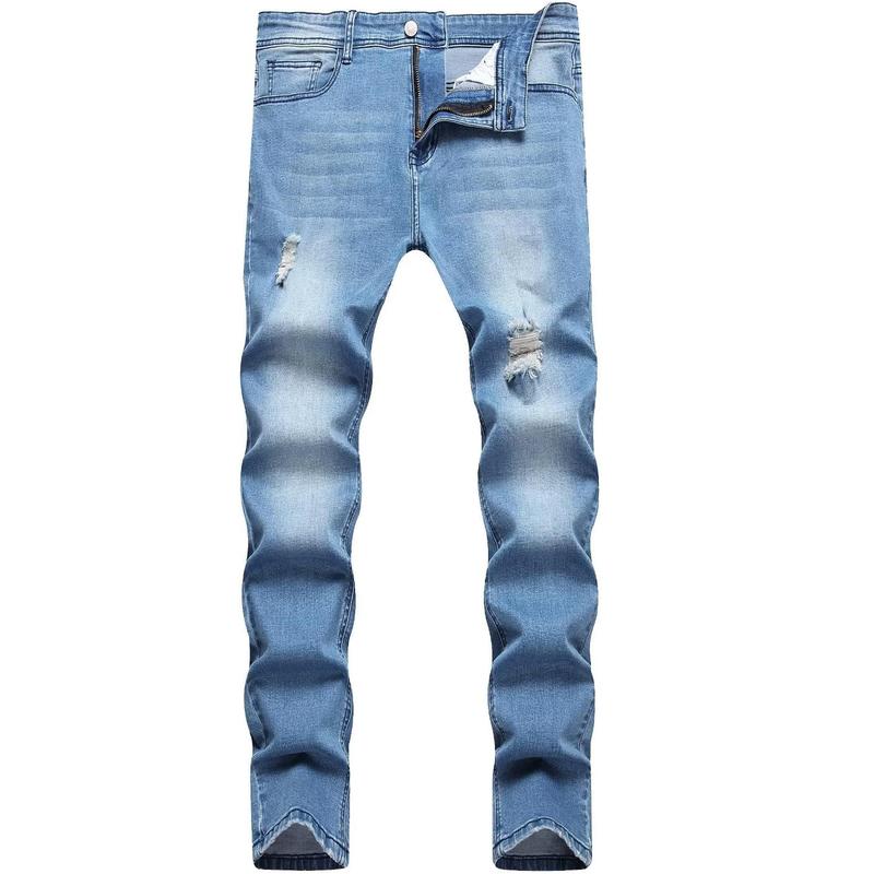 LONGBIDA Sleek Outfit Men's Ripped Skinny Denim Slim Fit Tapered Leg N