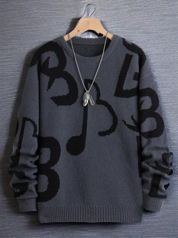 Unisex Men's Regular Fit Musical Note Print Round Neck Sweater, Fall Sweaters, Casual Long Sleeve Crew Neck Jumper for Fall & Winter, Fashion Men's Streetwear Knit Clothing for Daily Wear, Sweaters for Men, Fall Sweatshirts Knitted Sweater