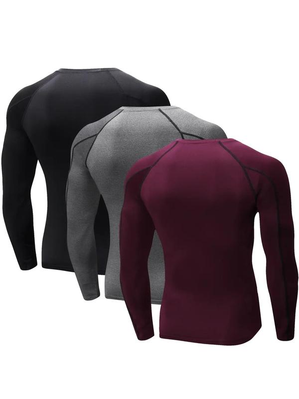 Men's Solid Top Stitching  Raglan Sleeve Thermal Underwear Top, Quick Drying Compression T-shirt, Sun Protection Base Layer Top for Winter