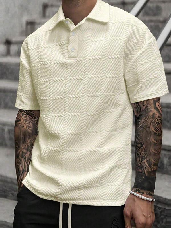 Men's Textured Short Sleeve Polo Shirt, Regular Fit Casual Button Front Top for Summer, Fashion Men's Clothes for Daily Wear