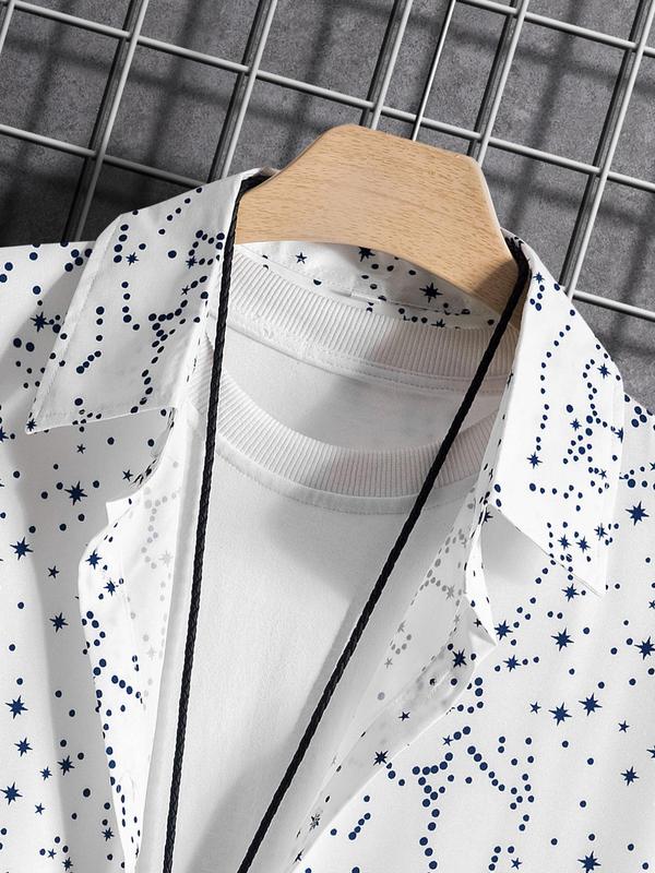 Men's Galaxy Print Button Front Shirt without Tee & Necklace, Summer Clothes, Regular Fit All Over Print Short Sleeve Collared Top for Daily Wear, Casual Summer Streetwear Top for Men