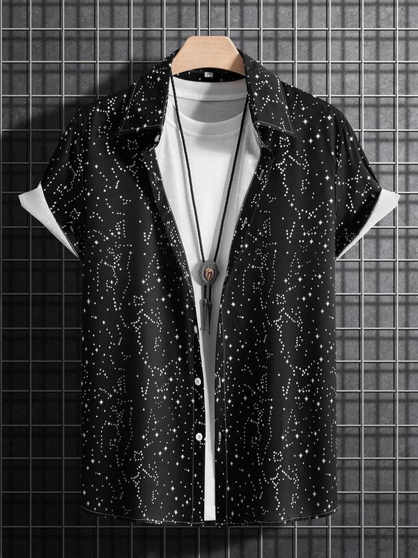 Men's Galaxy Print Button Front Shirt without Tee & Necklace, Summer Clothes, Regular Fit All Over Print Short Sleeve Collared Top for Daily Wear, Casual Summer Streetwear Top for Men