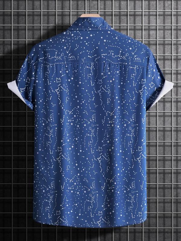 Men's Galaxy Print Button Front Shirt without Tee & Necklace, Summer Clothes, Regular Fit All Over Print Short Sleeve Collared Top for Daily Wear, Casual Summer Streetwear Top for Men