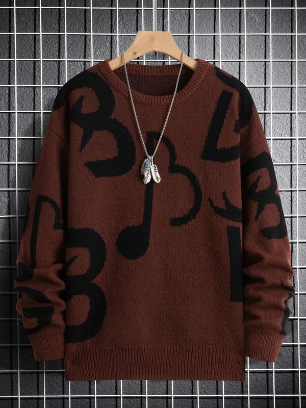 Unisex Men's Regular Fit Musical Note Print Round Neck Sweater, Fall Sweaters, Casual Long Sleeve Crew Neck Jumper for Fall & Winter, Fashion Men's Streetwear Knit Clothing for Daily Wear, Sweaters for Men, Fall Sweatshirts Knitted Sweater