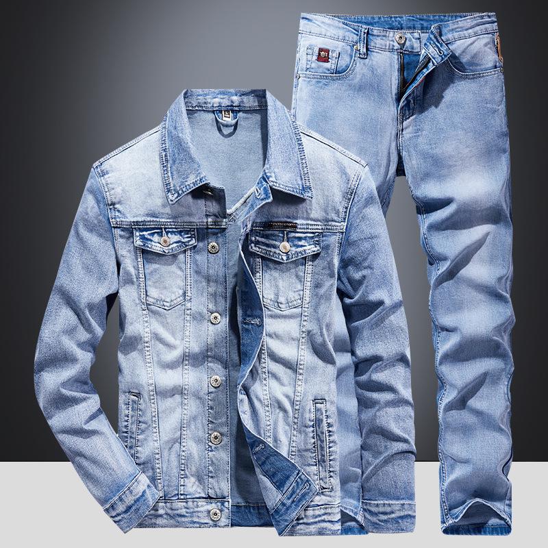 Light Blue Denim Suit Men's Slim-Fit Korean-Style Stretch Two-Piece Spring and Autumn Trends Jacket Jacket Menswear Overalls Underwear Formal