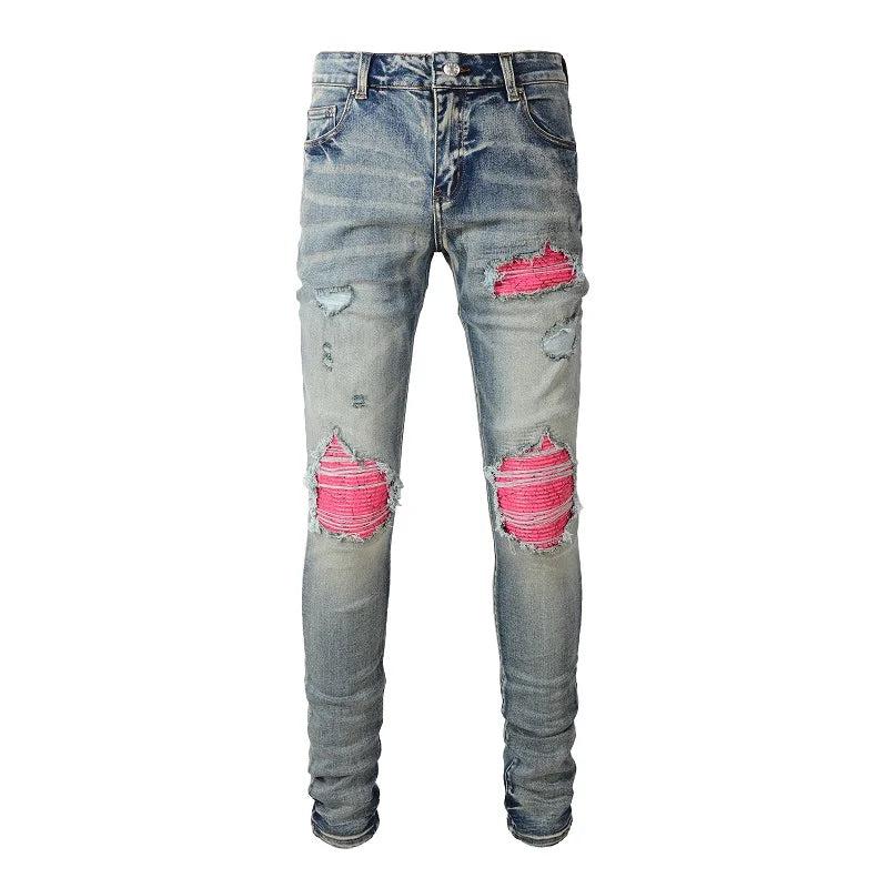 Men's Cracked Patch Biker Jeans Streetwear Pleated Patchwork Stretch Denim Pants Holes Ripped Distressed Skinny Tapered Trousers