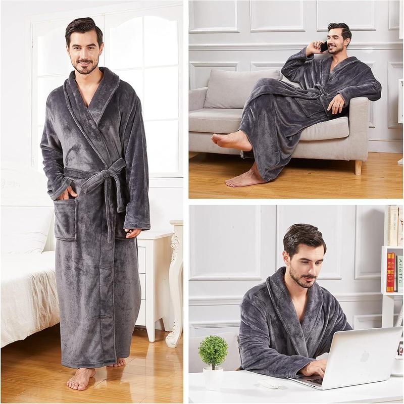 Mens Robes Big and Tall Full Length Plush Fleece Long Robe for Men Bathrobe Shawl Collar Warm Winter House Robes