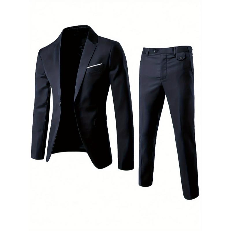 2-pack Set Of Men's Solid Color Business Outfits, Notch Lapel Collar Buttoned Blazer And Pants, Classic And Chic Set For Business, Banquet Wear And Formal Occasions