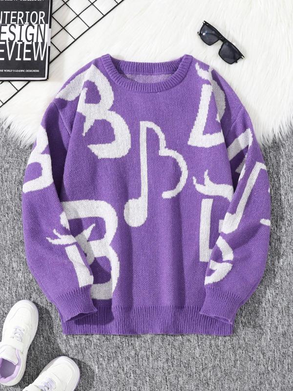 Unisex Men's Regular Fit Musical Note Print Round Neck Sweater, Fall Sweaters, Casual Long Sleeve Crew Neck Jumper for Fall & Winter, Fashion Men's Streetwear Knit Clothing for Daily Wear, Sweaters for Men, Fall Sweatshirts Knitted Sweater